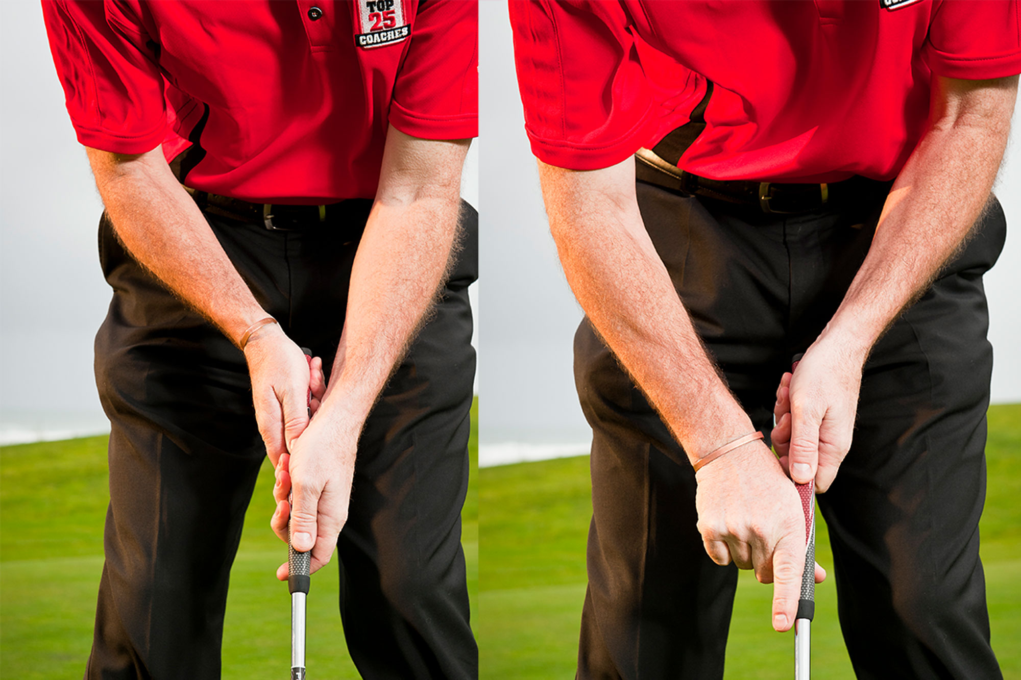 Barney Puttick demonstrating two putting grips, with the left below right hand style shown on the left image and the claw grip for putting on the right hand side