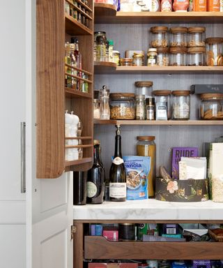 Larder cupboard with open door and stocked shelves.