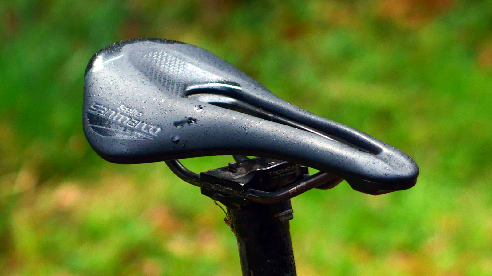 Selle San Marco Shortfit 2.0 saddle on a green background