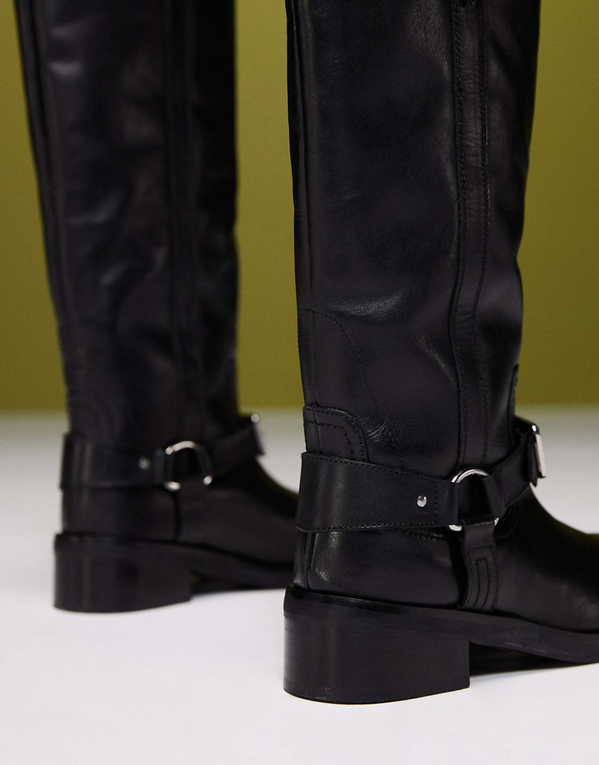 ASOS Design Cora Leather Harness Biker Knee Boots Black