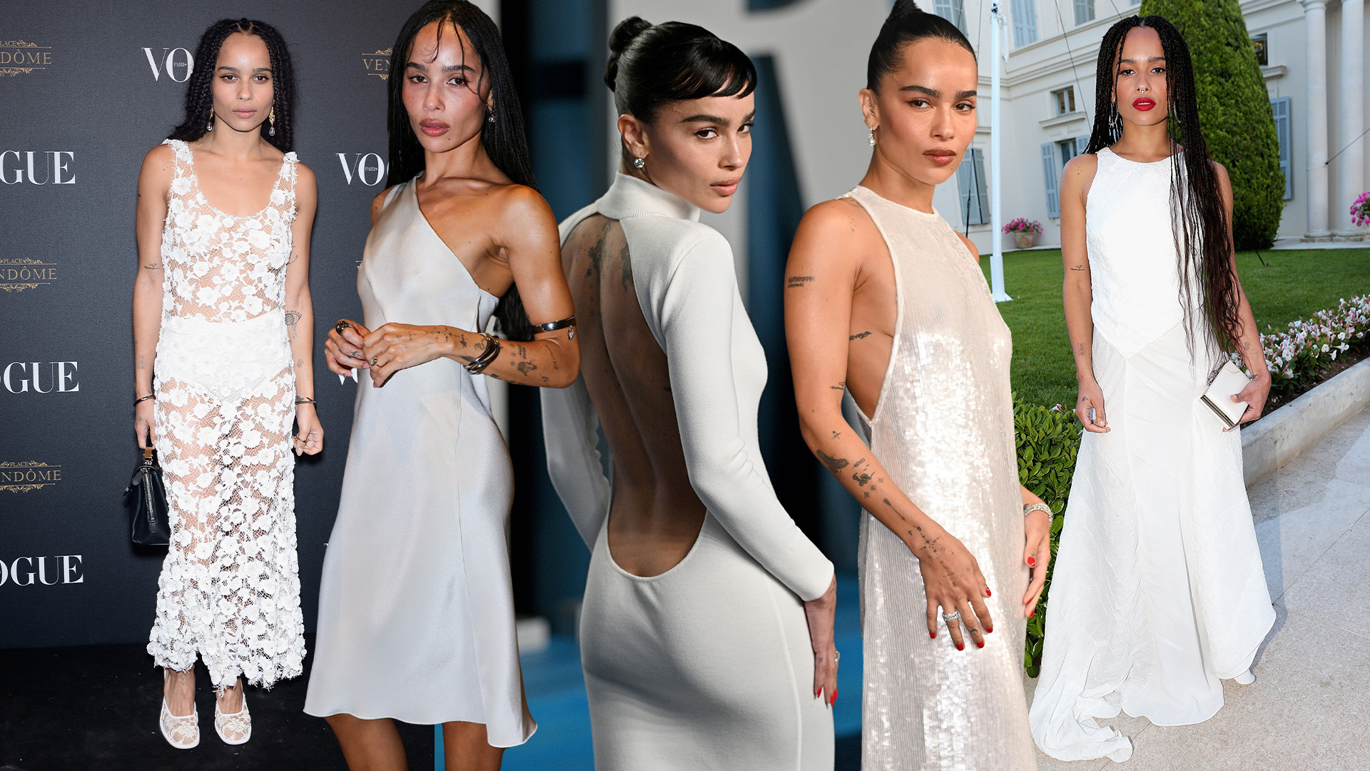 A collage of Zoe Kravitz in different bridal-coded white outfits.