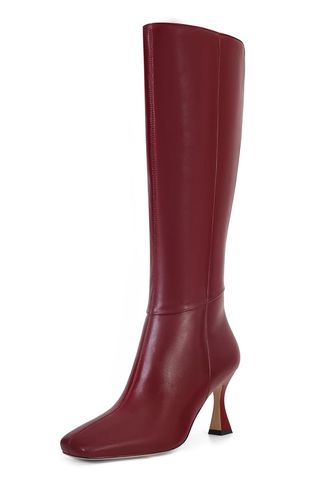 Dsevht Red Leather Knee High Boots for Women Stiletto Kitten Heeled Sexy Long Tall Boots Square Toe and Side Zipper Design Fashion Dress Boots