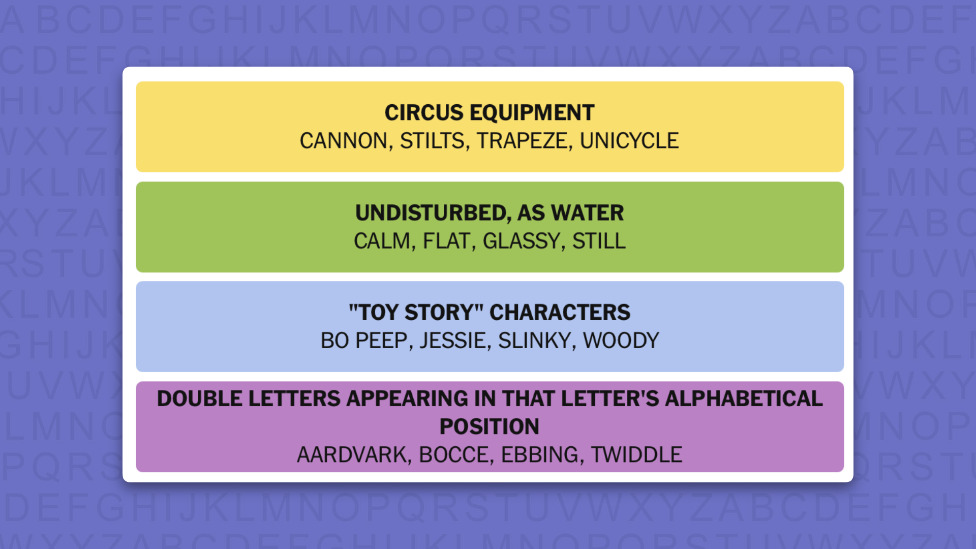 NYT Connections answers for game 1126 on a purple background