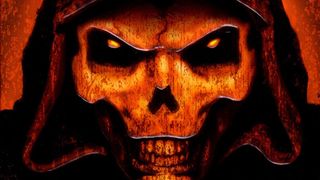 A close-up of Diablo's face from the Diablo 2 box art.