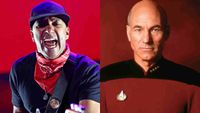 Tom Morello performing onstage and Patrick Stewart as Captain Jean-Luc Picard in Star Trek": The Next Generation