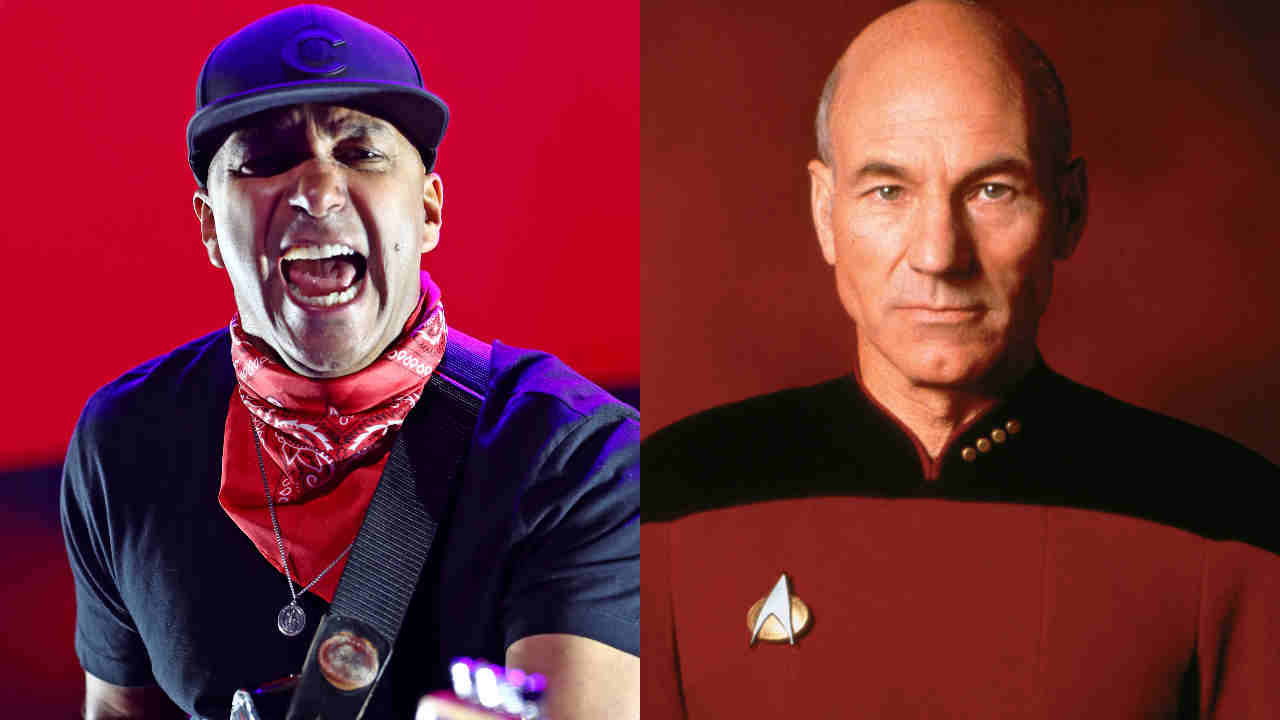 Tom Morello performing onstage and Patrick Stewart as Captain Jean-Luc Picard in Star Trek": The Next Generation