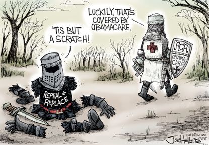 Political Cartoon U.S. Monty Python Repeal Replace Obamacare health care coverage