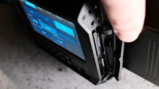 Close-up of the card slots on a Blackmagic Pyxis 6K camera