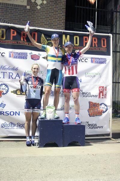 Midtown Grand Prix women's podium (L-R): Samantha Schneider (Team TIBCO), Kimberley Wells (Fearless Femme p/b Pure Energy) and Theresa Cliff-Ryan (Fearless Femme p/b Pure Energy)