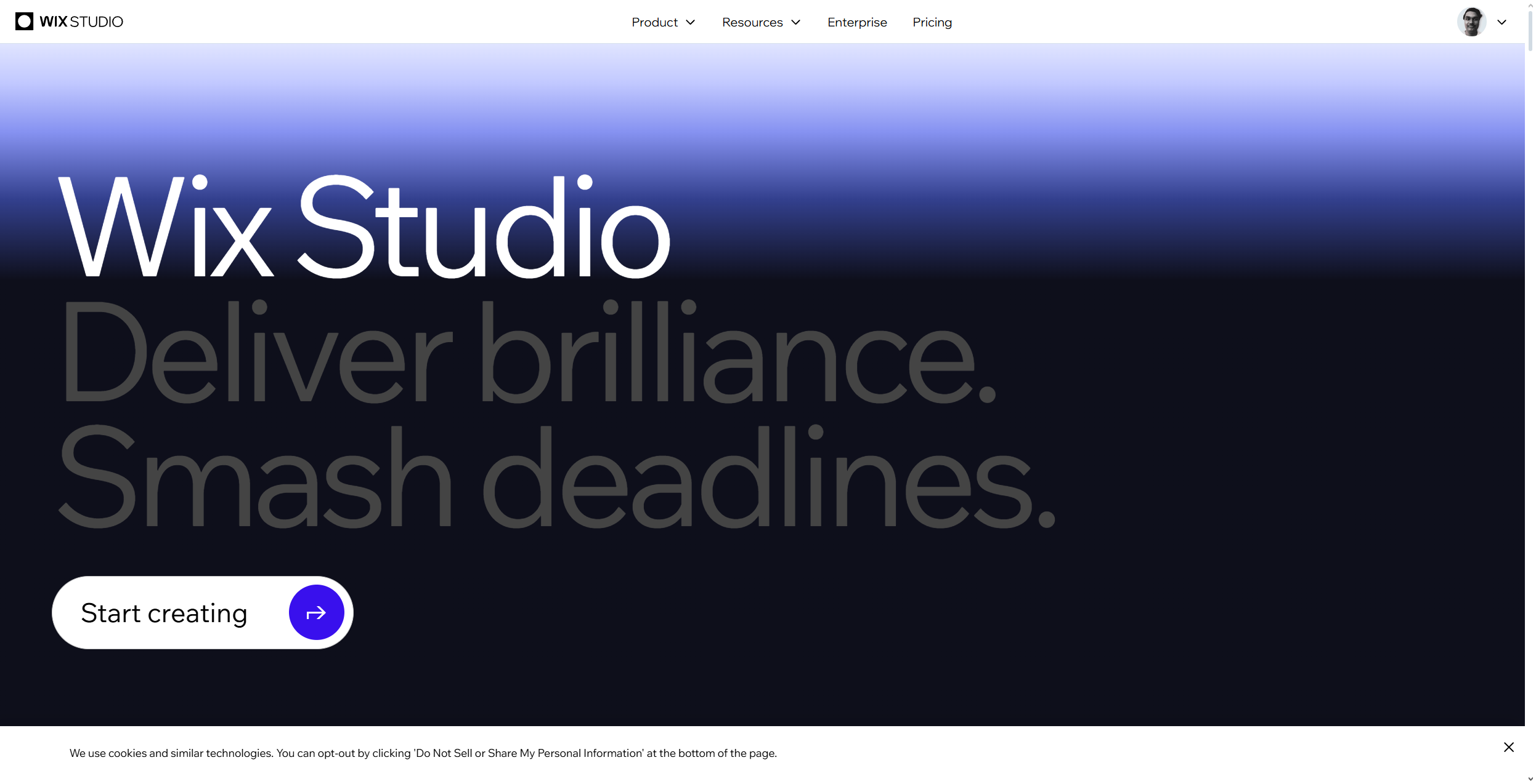 A screenshot of the Wix Studio homepage