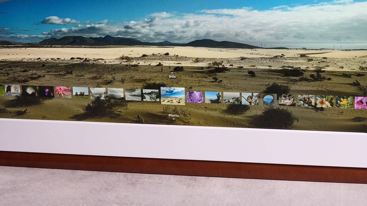 The Netgear Meural Canvas II showing a close up of its menu.