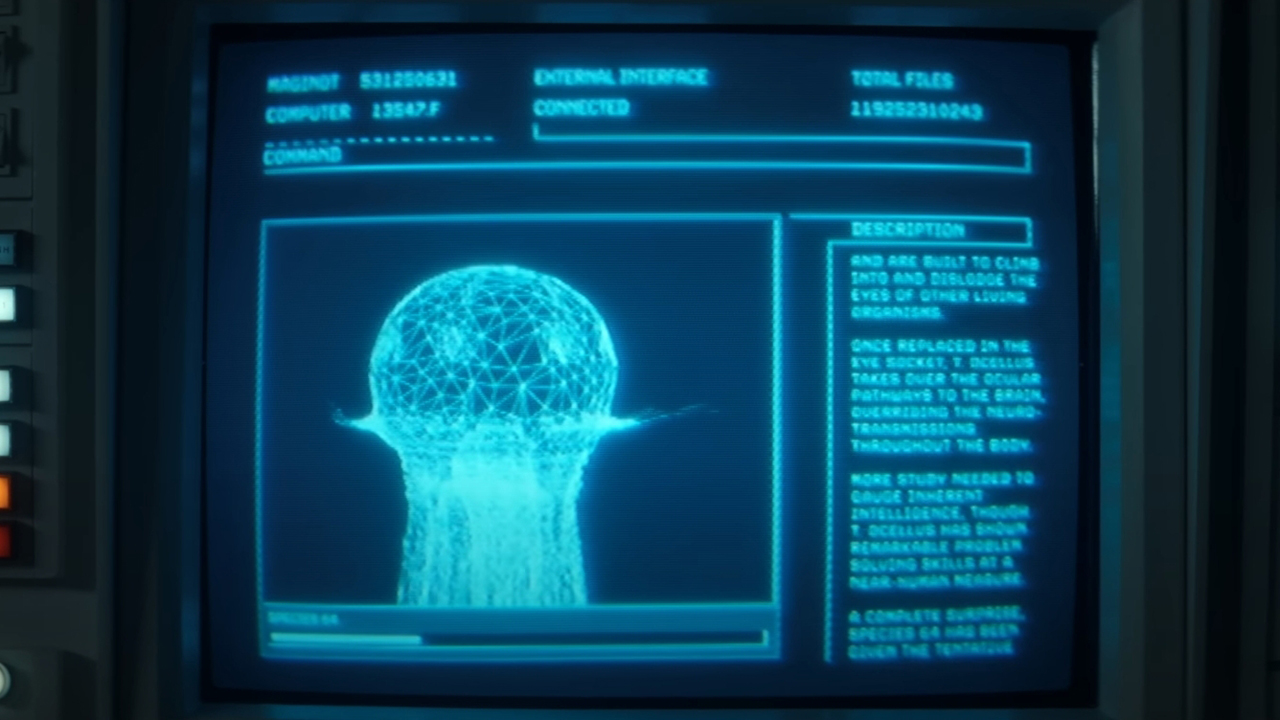 Information on an alien life form called T. Ocellus shown on a computer screen in the show Alien: Earth.