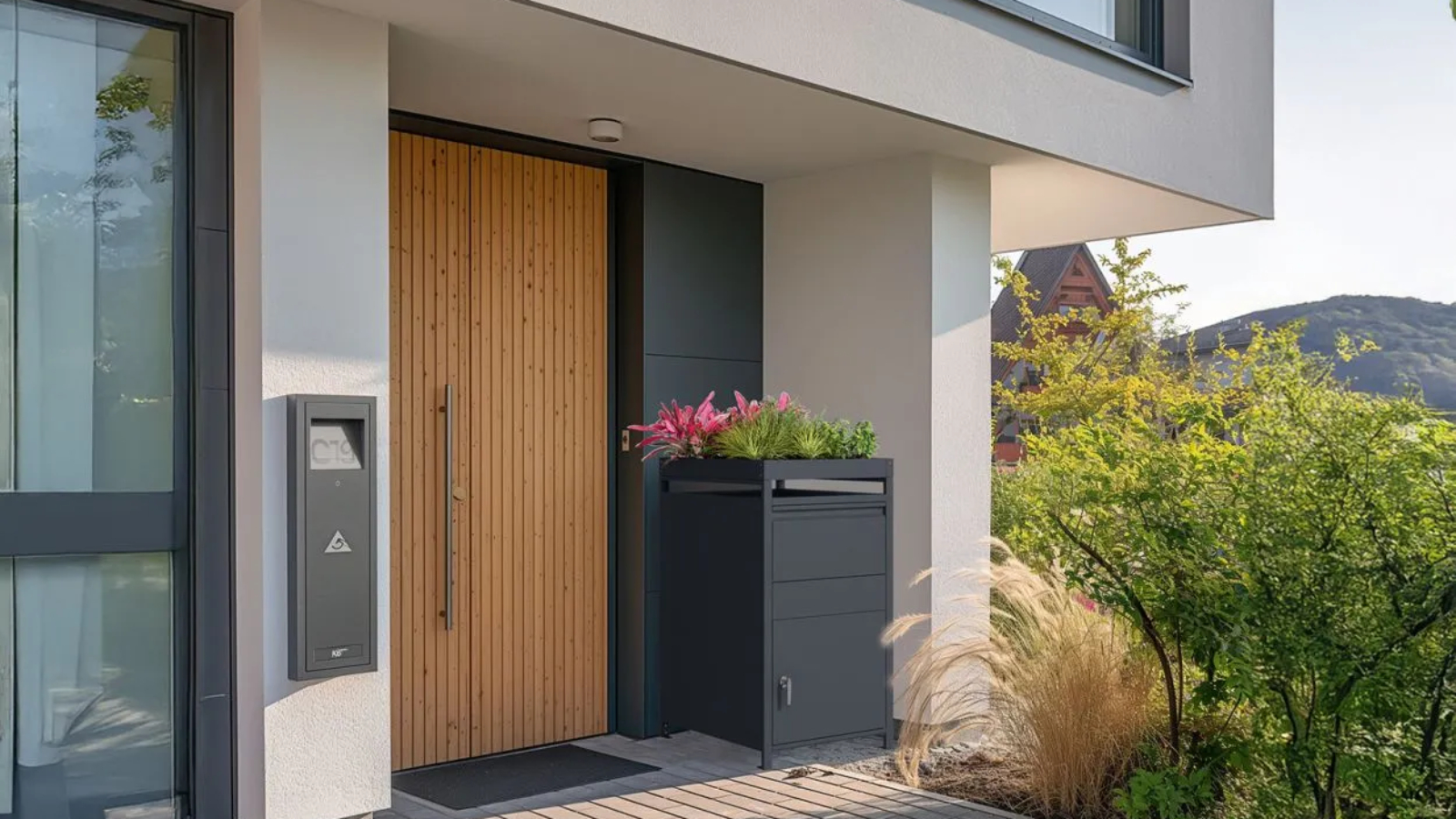 modern rendered house entrance with contemporary wooden door and dark grey single wheelie bin store with planted top