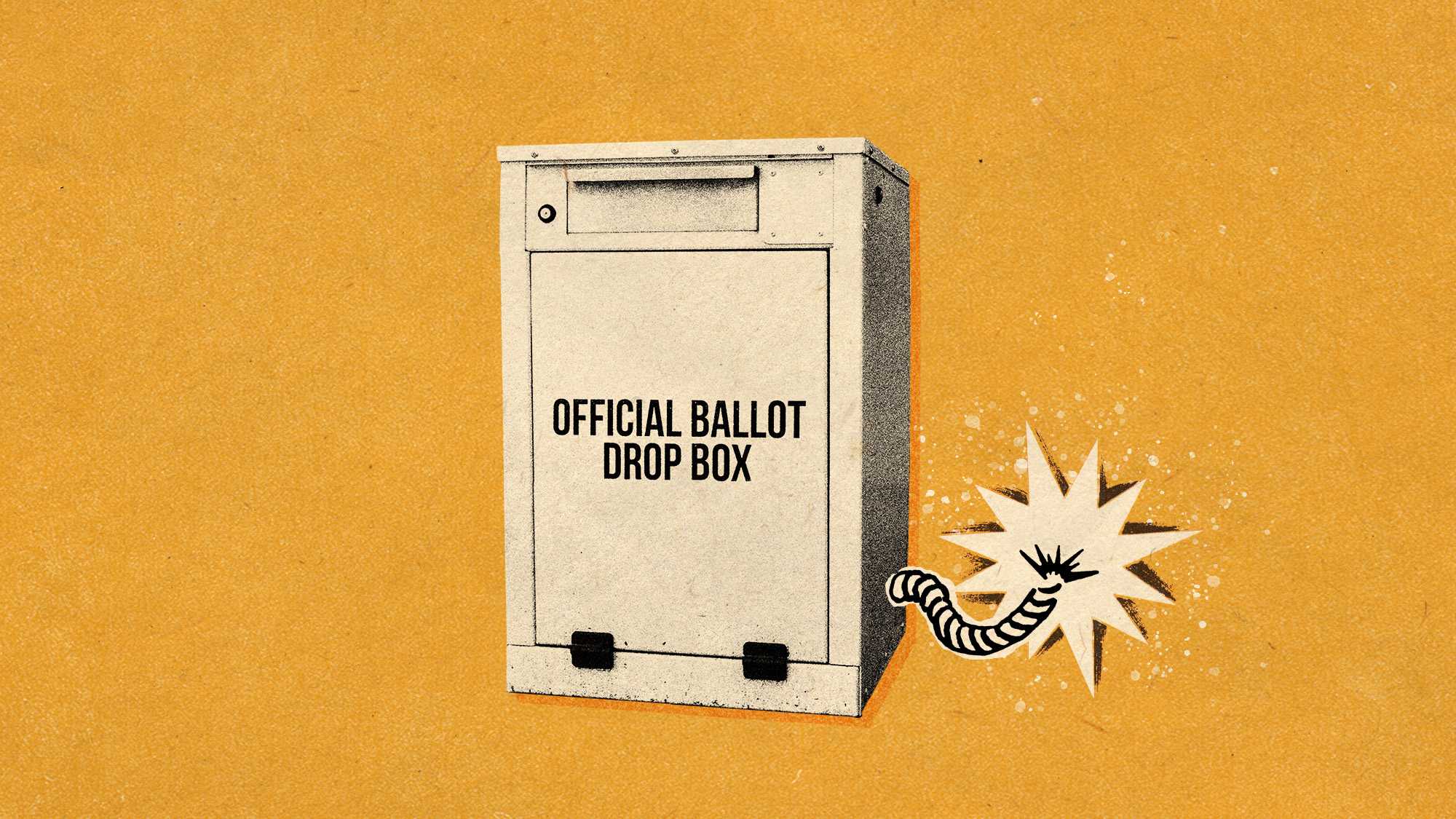 Photo collage of a ballot box with a lit fuse leading into it