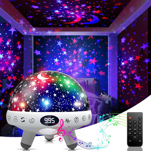 A multicolor night light is lighting up a bedroom.