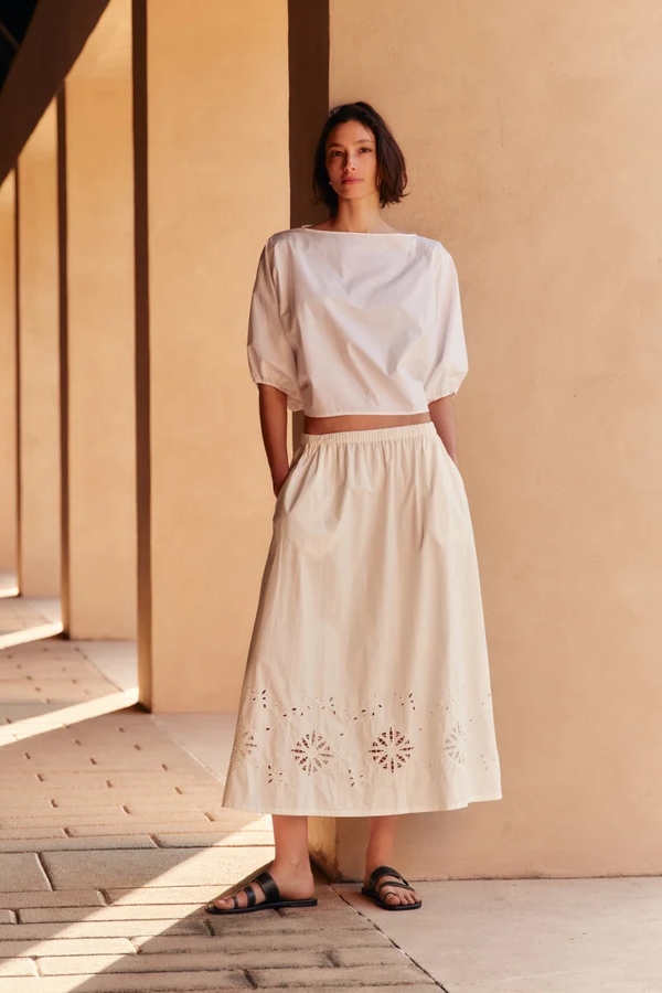White broderie anglaise midi A-line skirt.