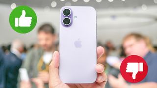 iPhone 17 with thumbs up and thumbs down icons