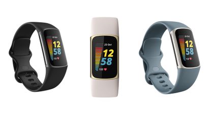 Fitbit Charge 5 in black, pink and blue, shown from three different angles