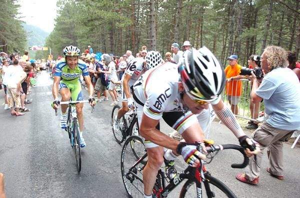 Cadel Evans (BMC) leads Giro champion Ivan Basso (Liquigas) on stage 12's final climb.