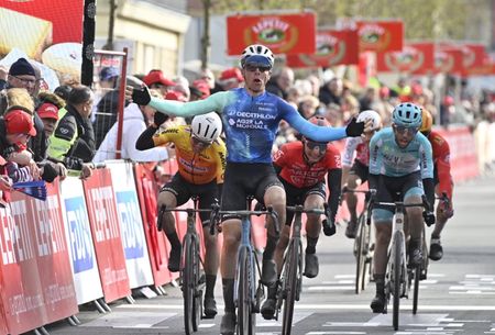 Benoit Cosnefroy (Decathlon AG2R La Mondiale) wins 2024 Paris-Camembert, ahead of Cl&eacute;ment Venturini (Ark&eacute;a-B&B Hotels), Alexandre Delettre (St Michel-Mavic-Auber 93) and Martin MARCELLUSI (VF Group-Bardiani CSF-Faizan&egrave;)