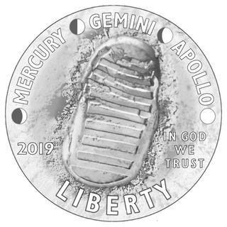 The obverse of the Apollo 11 50th Anniversary coins features the inscriptions "Mercury," "Gemini," and "Apollo," separated by phases of the moon, and a boot print on the lunar surface.