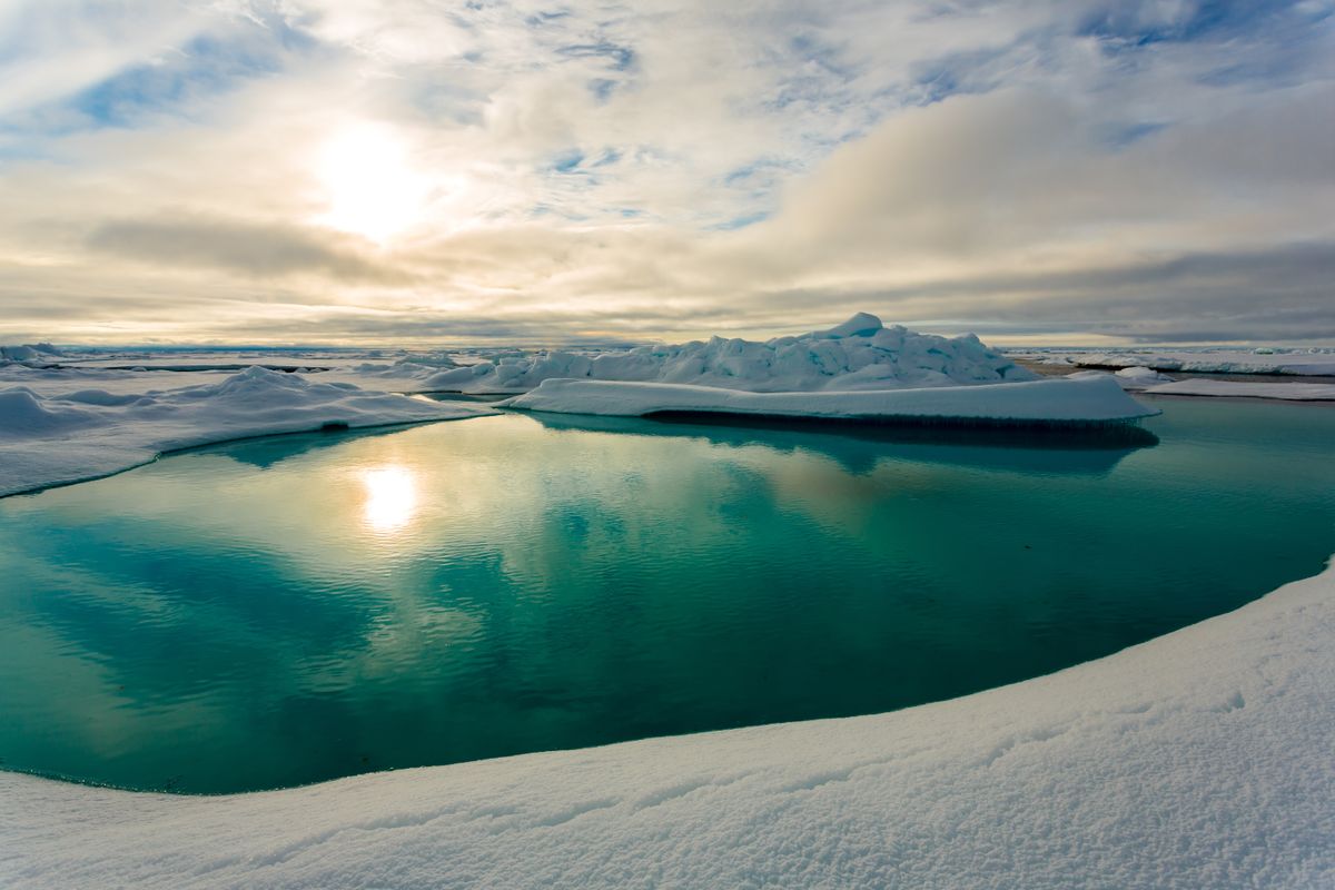 A melt pond in the Arctic ice.