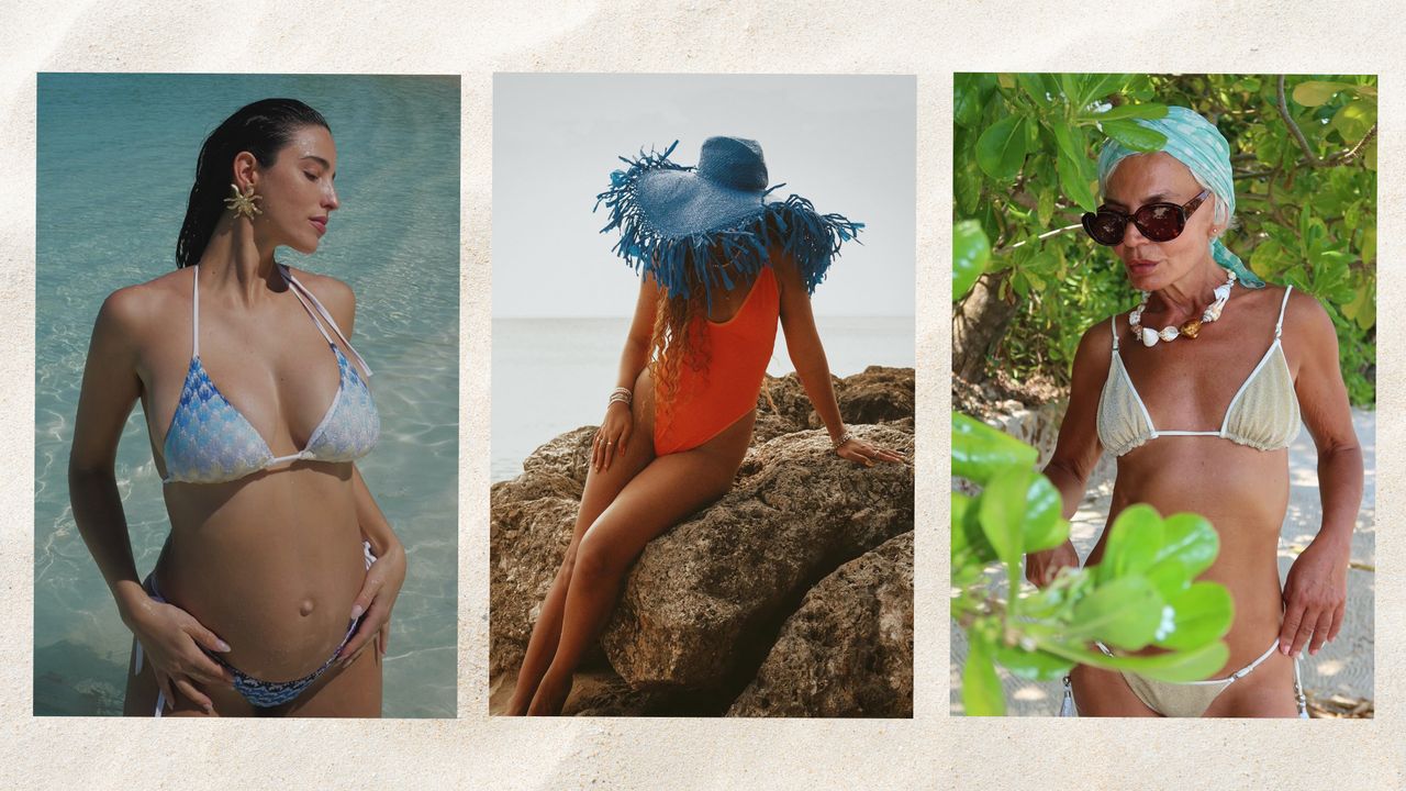 A collage of women wearing some of the biggest swimwear accessory trends of the season.