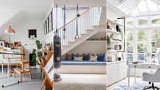Three images of light filled home interiors, including a hobby room, a home gym and an office
