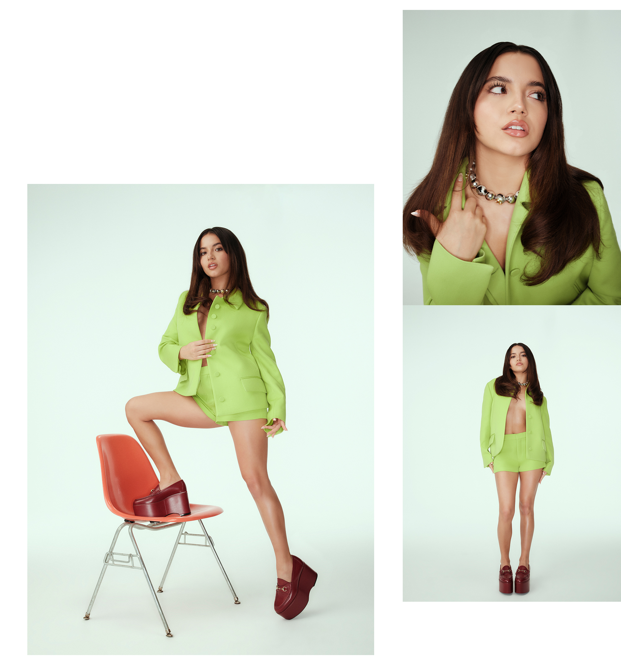 Isabela Merced poses wearing lime green shorts suit and chunky platform heels by Gucci.