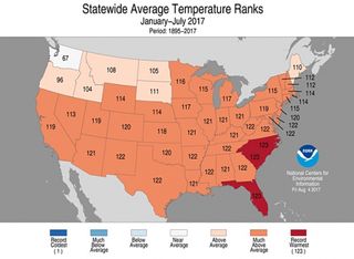 How year-to-date temperatures in states across the contiguous U.S. ranked through July 2017.