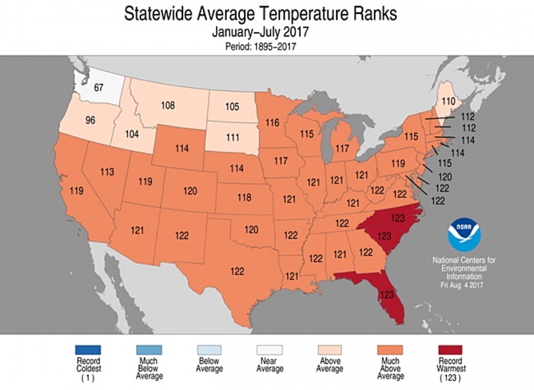 How year-to-date temperatures in states across the contiguous U.S. ranked through July 2017.