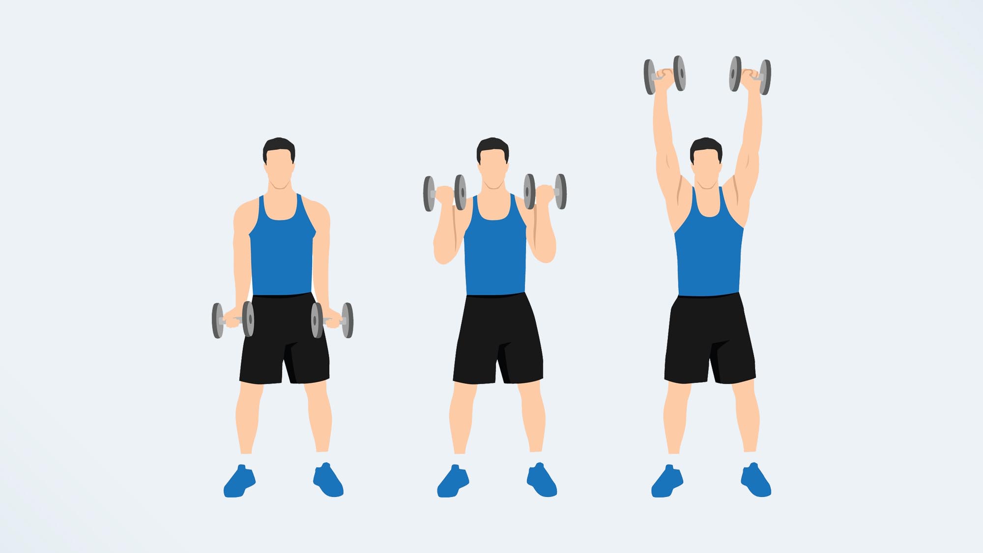 an illo of a man doing a bicep curl to a shoulder press