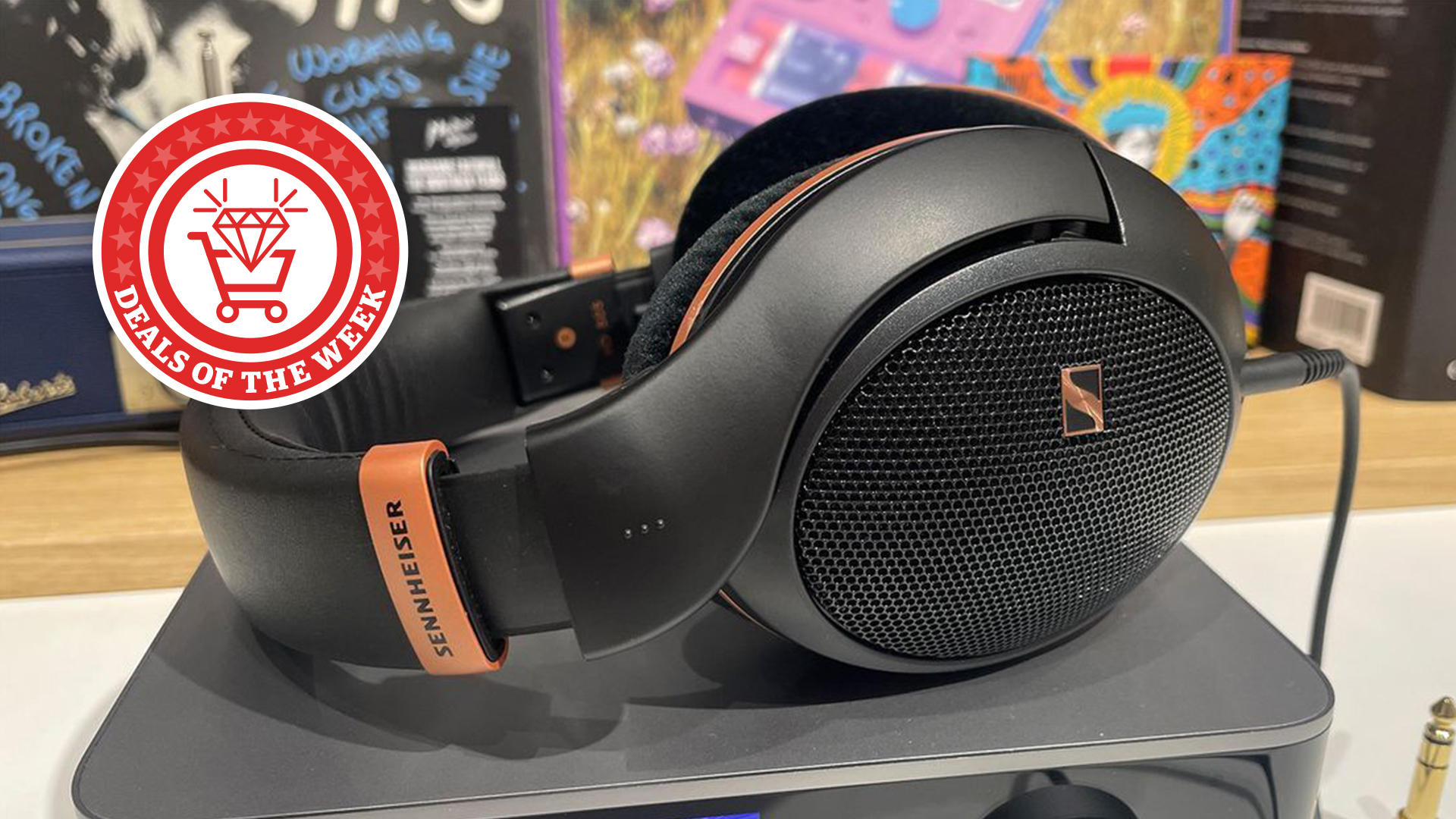 Sennheiser HD 505 wired headphones on their side, placed on a desk