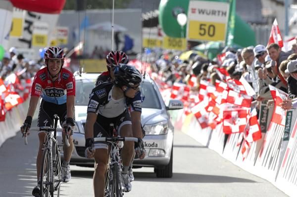 Jakob Fuglsang leads Andy Schleck (both Team Saxo Bank) finish up stage 6 in Switzerland.