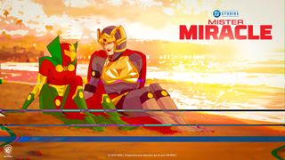 Mister Miracle and Big Barda sitting on a beach as reality glitches around them