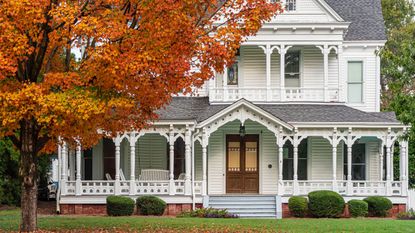 large American house in Georgia and tree with autumn leaves