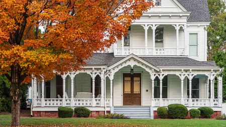 large American house in Georgia and tree with autumn leaves