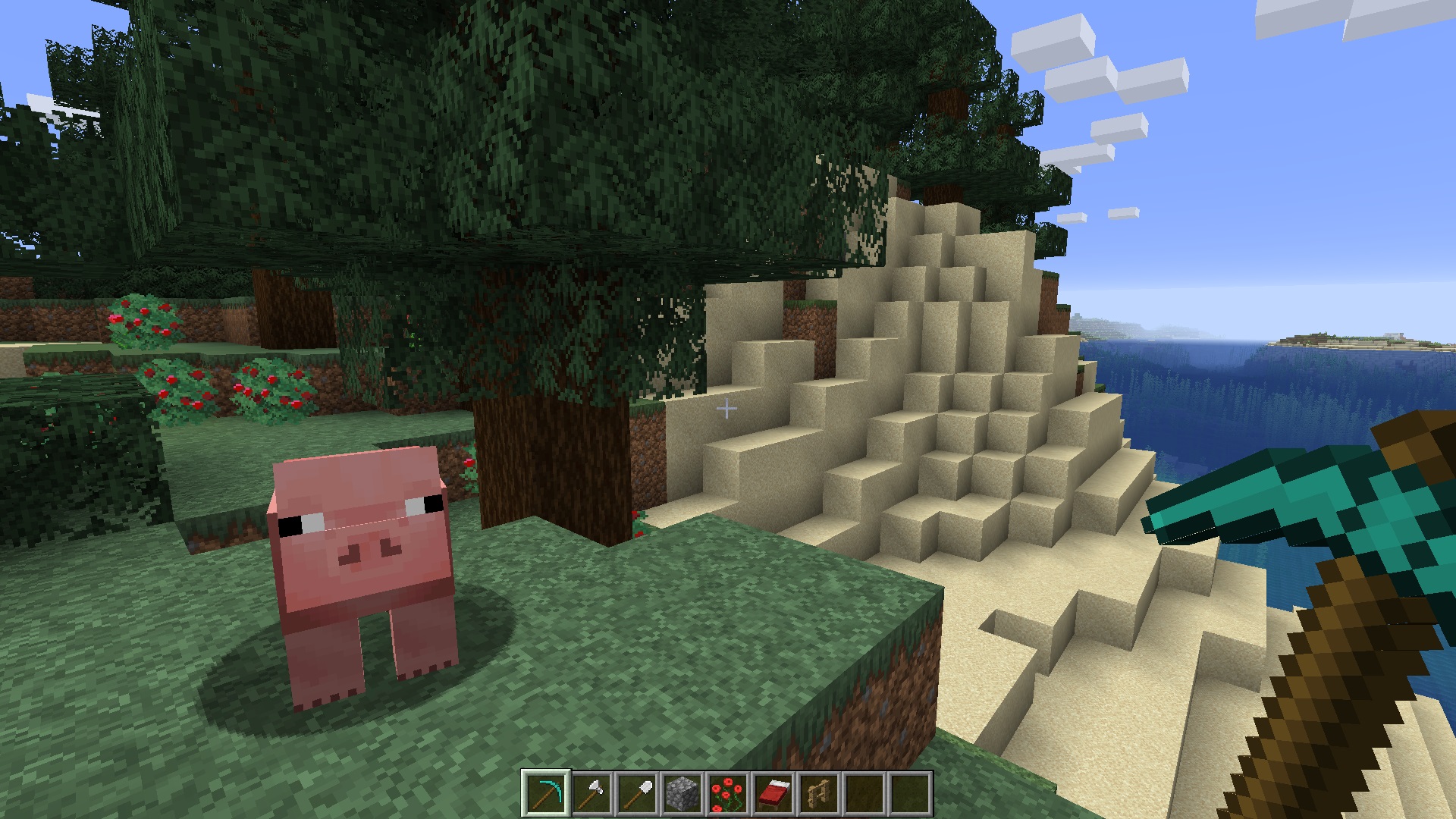 Minecraft teaxture pack - Faithful Pack - A player holding a diamond pickaxe stands in front of a pig and an oak tree in a grassy biome