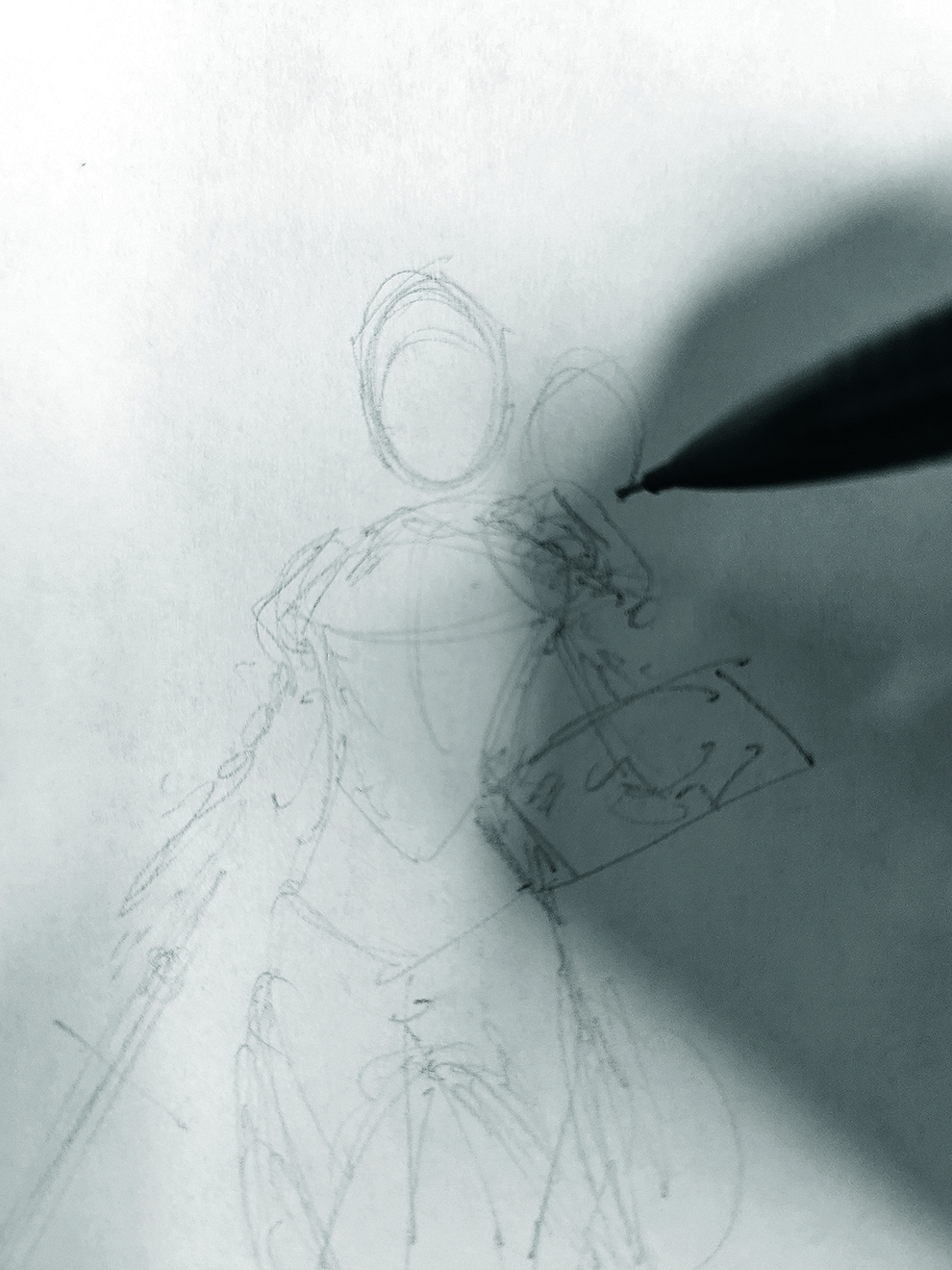 An image showing a step from a drawing tutorial on how to draw a fantasy character in pencil, pen and marker