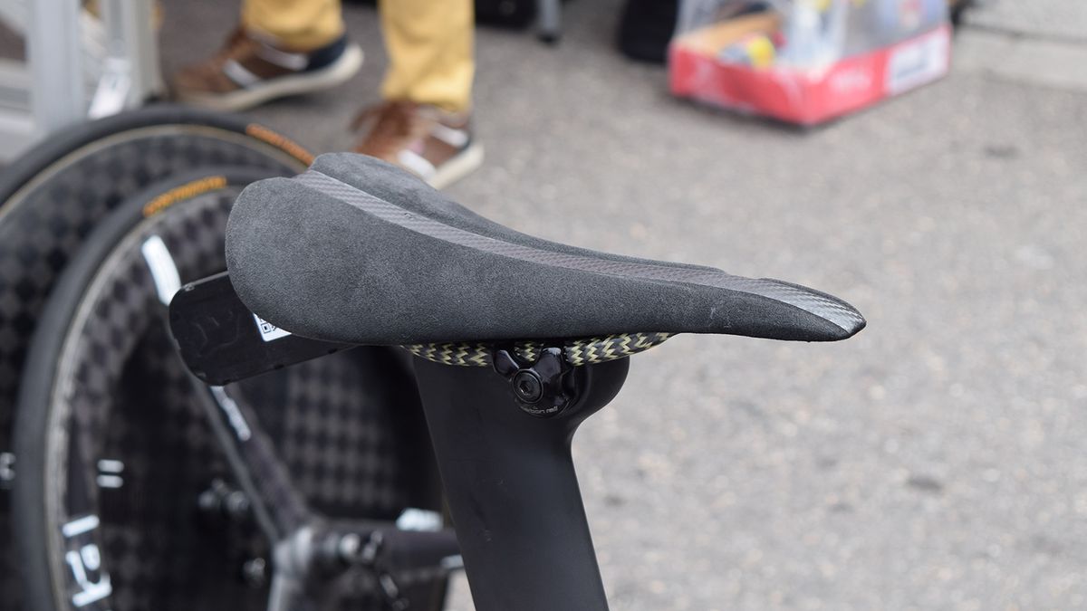 Bob Jungels used what appeared to be a custom produced saddle on his time trial bike