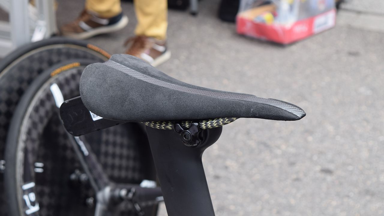 Bob Jungels used what appeared to be a custom produced saddle on his time trial bike