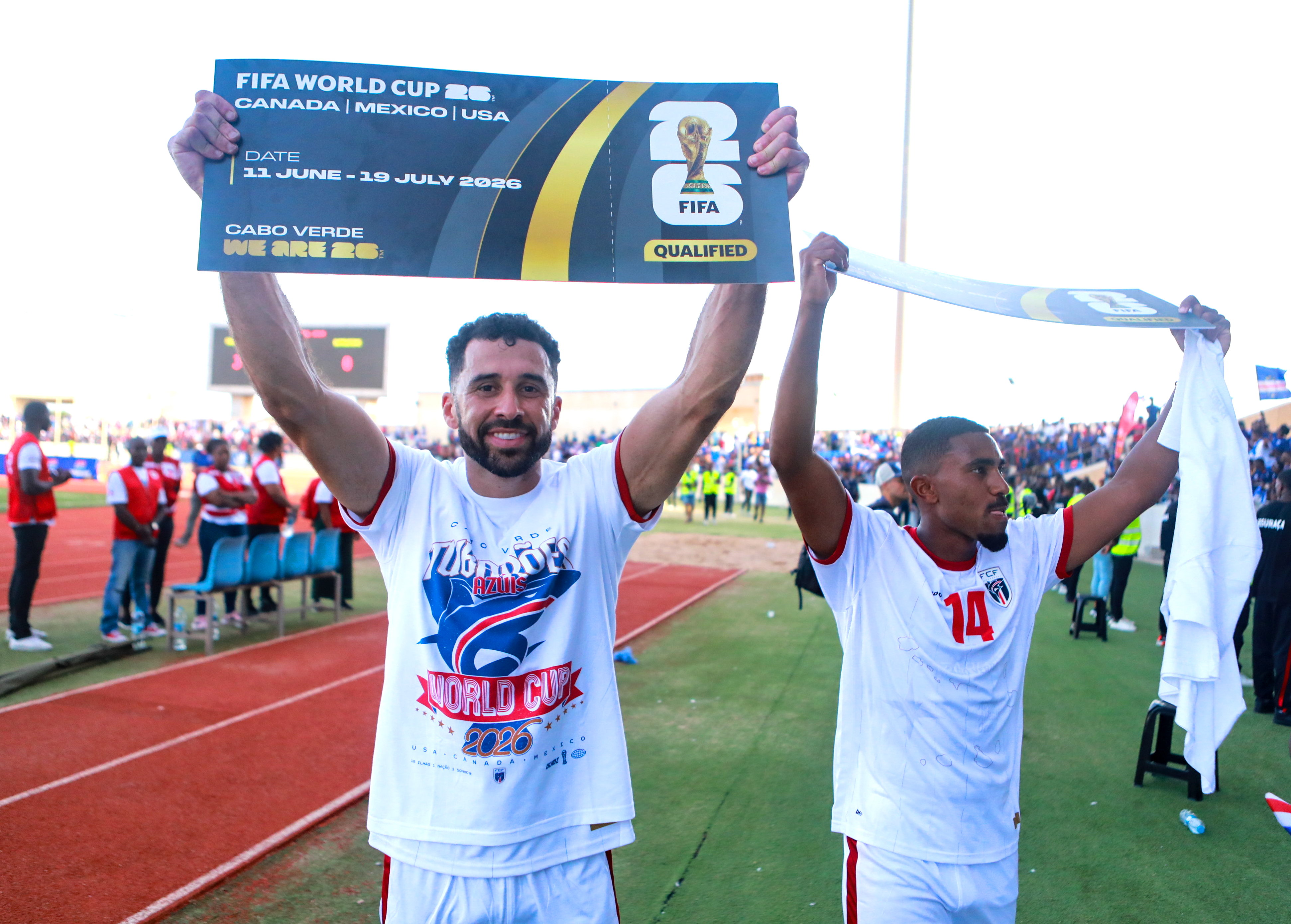Praia , Cape Verde - 13 October 2025; Roberto Lopes, left, and Deroy Duarte of Cape Verde celebrate their side&#039;s qualification for the 2026 FIFA World Cup after the FIFA World Cup 2026 African qualifying match between Cape Verde and Eswatini at Est&amp;aacute;dio Nacional de Cabo Verde in Praia, Cape Verde. (Photo By Cristiano Barbosa/Sportsfile via Getty Images)