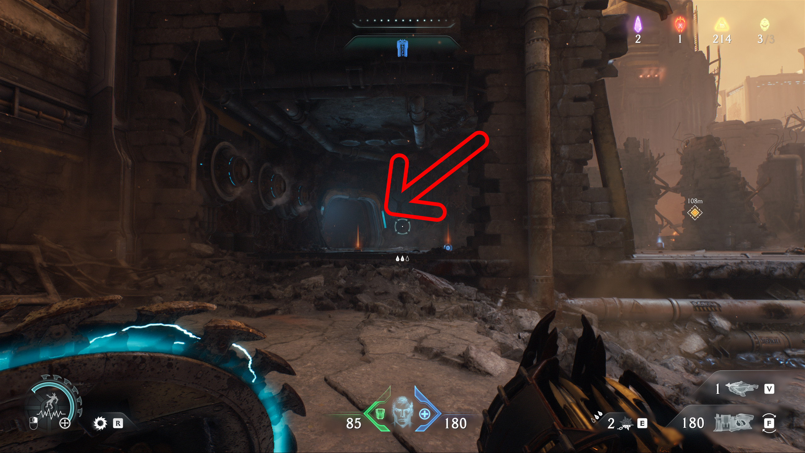 Doom: The Dark Ages Hebeth secrets - An open door at the back of a combat arena.
