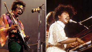 Jimi Hendrix (left) and Little Richard performing onstage