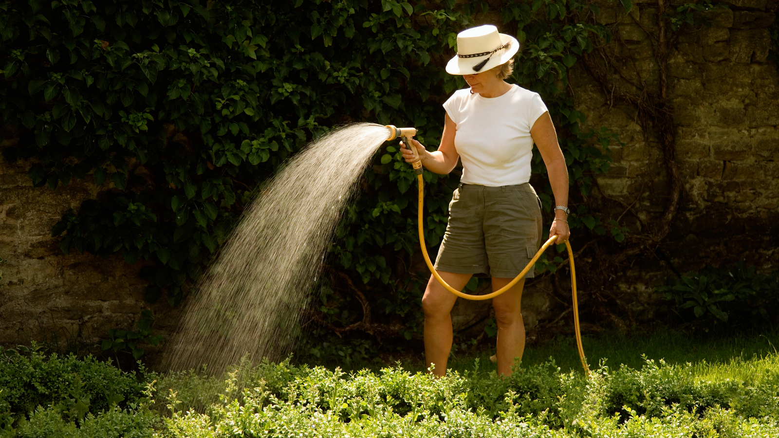 Woman in hat watering garden with hose