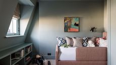 kids bedroom with muted blue walls