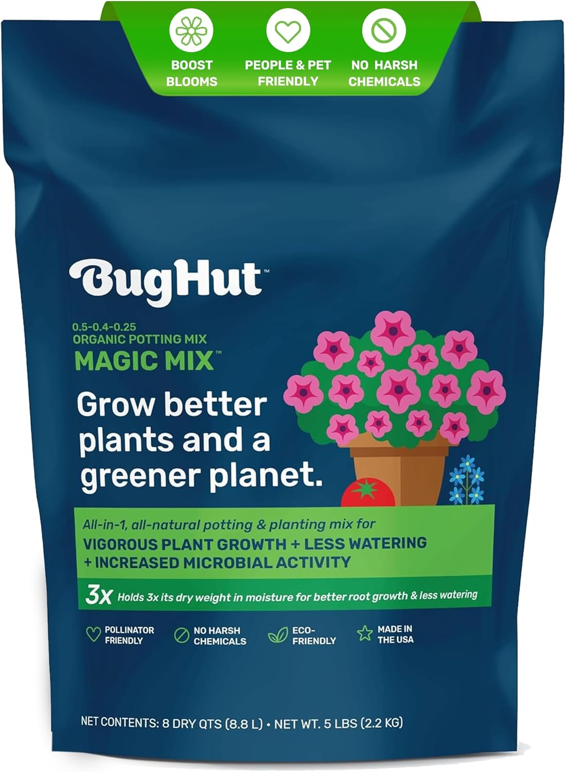 Bughut Magic Mix Peat Free Organic Potting Soil for Indoor Plants and Outdoor &amp;ndash; Nutrient-Rich Garden Soil for Vegetables, Fruits, Herbs, and Flowers &amp;ndash; Potting Mix Moisture Retaining, 5 Lb Bag