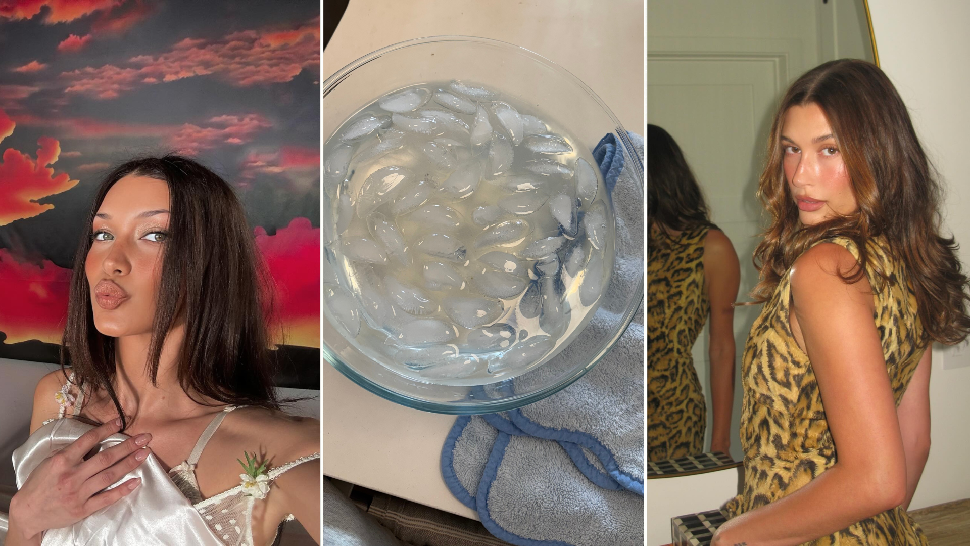 Collage of Bella Hadid, Hailey Bieber, and a bowl of ice water