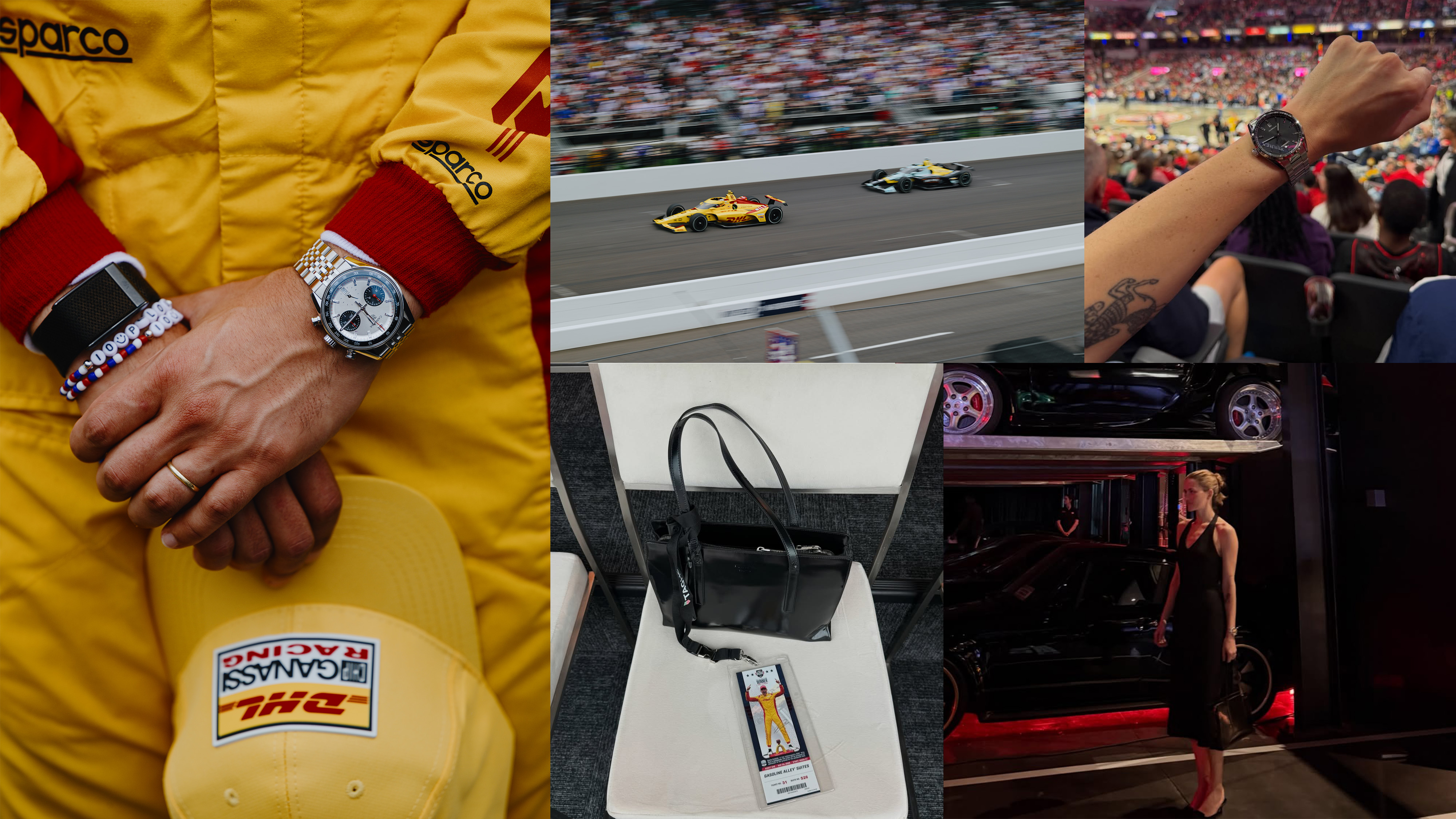 A collage featuring images taken during Eliza Huber's trip with TAG Heuer to the Indianapolis 500 in 2026.