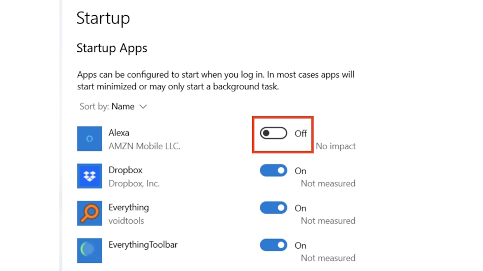 Toggling the Auto-startup switch off on Windows